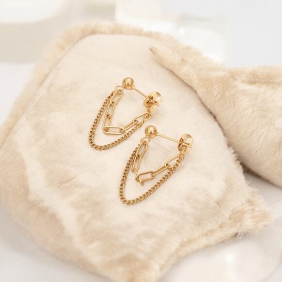 NEW 18K yellow gold plated double chain dangle drop earrings jewelry B25A - Picture 7 of 10